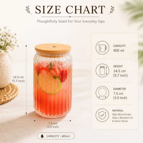 Image of Drinking Ribbed Glasses Tumbler with Bamboo Lid and Straw (Pack of 2), 400ml Travel Cocktail Glass Sipper Bottle for Juice Boba Iced Tea Coffee Hot Cold Drink Cup