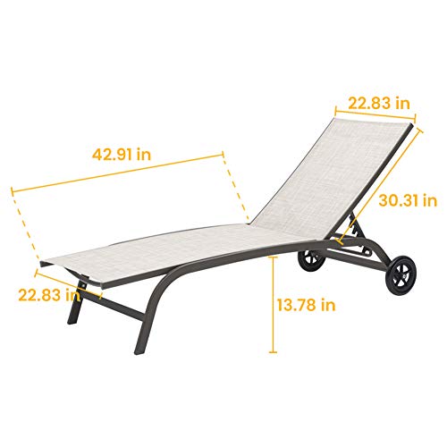 Crestlive Products Aluminum Chaise Lounge Chairs With Wheels Outdoor Adjustable Recliner Five-Position And Full Flat Tanning Chair All Weather For Patio, Beach, Yard, Pool (2Pcs Beige) #TOP5