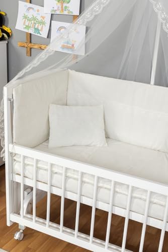 Tutku Ahşap Anne Yanı Bebek Beşiği 60X120 Krem Güpür Uyku Setli (Ahşap, Beyaztkr) - Görsel 3