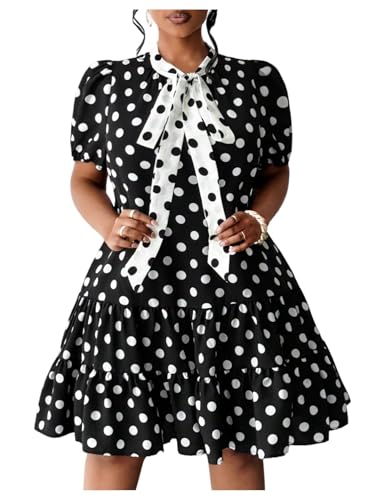 WDIRARA Women's Plus Size Polka Dots Bow Tie Short Dress Puff Sleeve Ruffle A Line Dresses