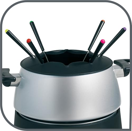 Foto von Tefal EF3000 Fondue Base Ronde|1200 Watt| mit 6 farbigen Gabeln| Für jede Fondueart: Öl, Käse, Schokolade| mit Spritzschutz| regelbarer Thermostat| einfache Reinigung| Silber/Schwarz