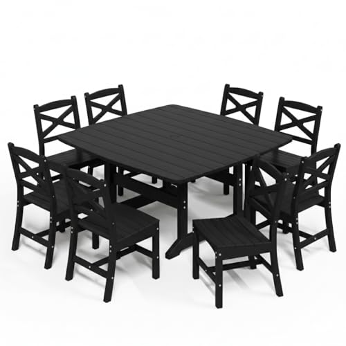 Polyhouz Outdoor Dining Set HDPE 9-Piece Patio Table and Chairs Set All-Weather Outdoor Dining Table Set for 8 with Umbrella Hole Durable Patio Furniture Set with Chairs Black