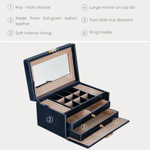 Image of Time Resistance Jewelry Box - Full Grain Leather Jewellery Organizer - Accessories Storage - Key Lock Box for Women (Blue)