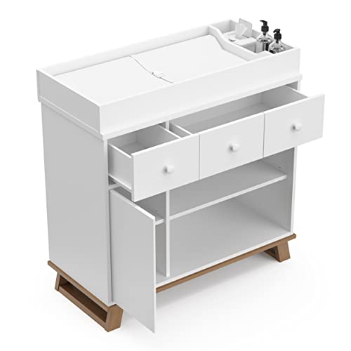 Storkcraft Modern Nursery Changing Table Combo Dresser (White With Vintage Driftwood) – Removable Changing Table Topper Fits Standard-Size Baby Changing Pad, 2 Drawers, 1 Cabinet, Storage Shelves #TOP3