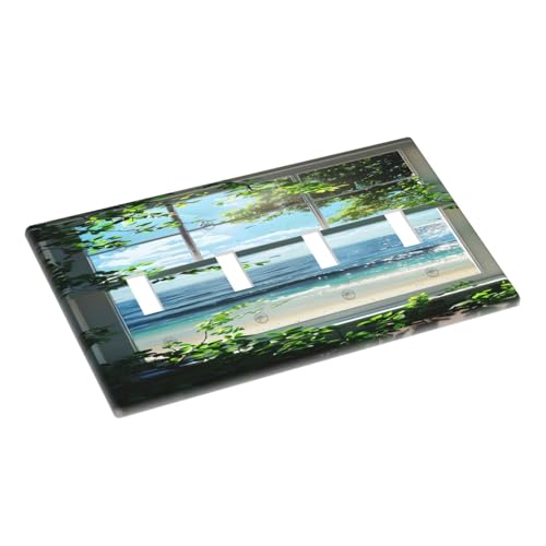 Decorative Switch Covers Plate Window Beach Seascape View Green Leaves 4 Gang Wall Plate Oversized Quad Toggle Light Switch Plate Jumbo Faceplate for Country Bedroom Home Decor