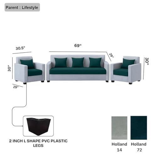 Image of FURNY Lexon 5 Seater Fabric 3+1+1 Sofa Set (Greenish Teal-Light Grey) Premium Velvet Finish | Durable & Comfortable | Ideal for Living Room