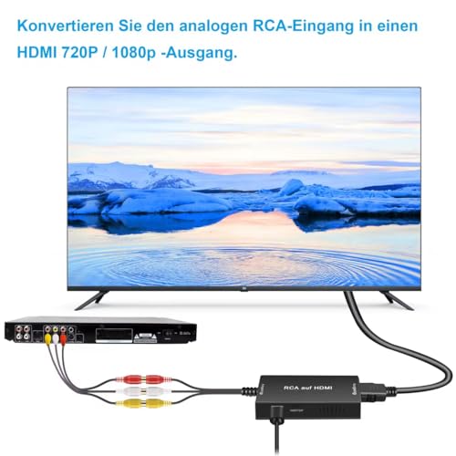 uhddadi RCA auf HDMI Konverter, 1080P Composite CVBS AV zu HDMI Video Audio Konverter Adapter mit HDMI-Kabel für PS2/Xbox/SNES/ N64/ VHS/VCR Videorecorder DVD, Unterstützt PAL/NTSC（Schwarz）