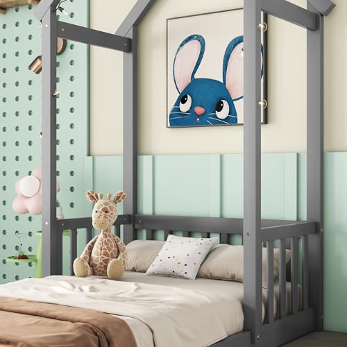 Zyerch Twin Size House Bed for Kids, Floor Bed Montessori House Bed Frame with House Shape Roof and Semi-Fence, Wood House Bed Twin for Girls, Boys, Low to Ground Height, Grey - Thumbnail 4