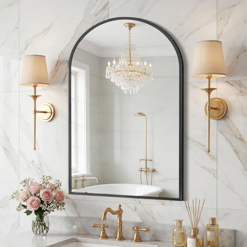 Image of Sweetcrispy 20 inchx30 inch Arched Black Bathroom Mirror, Bathroom Mirrors for Over Sink, Modern Wall Mirrors Arch Decorative for Entryway, Bedroom, Vanity,Horizontal or Vertical Hanging