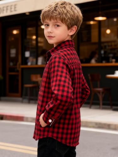 Image of Size 5-10 Years Boys' Long Sleeve Buffalo Plaid Button-Down Shirt Fall Thin Outfits Kids Clothes