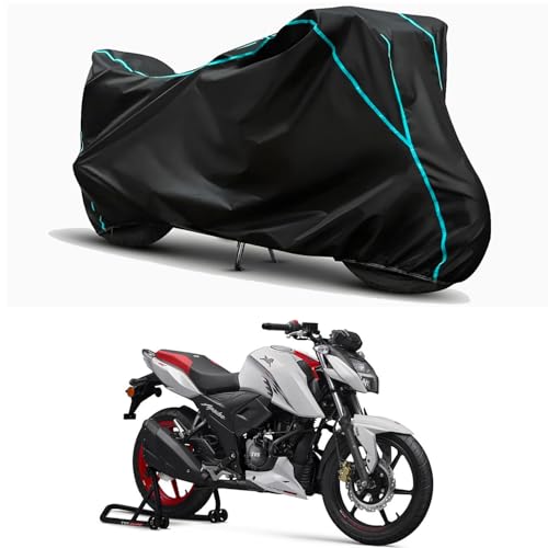 Image of Waterproof Bike Body Cover Compatible for | TVS Apache RTR 160 4V Drum | Taffeta Fabric, Sky Piping Design, Bottom Elastic Fit | Dustproof, Sun UV & Rain Protection for All Weather.