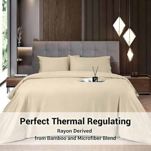 Image of Shilucheng 4 Piece King Sheet Sets, Cooling Sheets, Blend Rayon Derived from Bamboo, Deep Pocket Up to 16 inch, Breathable & Soft Bed Sheets, Hotel Silky Bedding Set, Beige