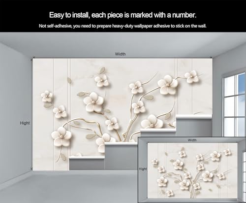 Papier peint floral blanc doré relief 3D, cache les défauts muraux