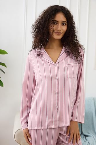 Image of YiNi LuLu Womens Silk Satin Pajamas Set Button Down 2 Piece Pjs Long Sleeve Oversized Sleepwear with Pockets