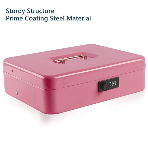 Kyodoled Large Cash Box With Combination Lock,Money Box With Cash Tray, Lock Safe Box With Key,Money Saving Organizer,11.81Lx 9.45Wx 3.54H Inches,Pink Xl Large #TOP4