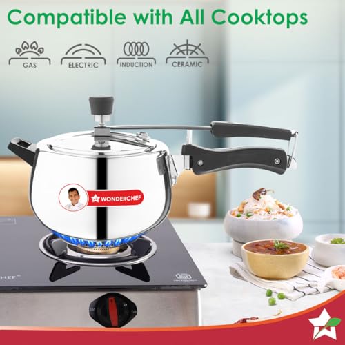 Image of Wonderchef Nigella Triply Stainless Steel Pressure Cooker 5L, Inner Lid, Gas, Induction Compatible & Ceramic Cooktop, ISI Certified, Contour Collection, Uniform Heating, 5-Year Warranty