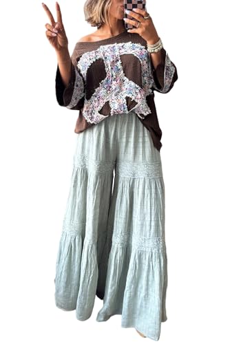 MARZXIN Casual Pants for Women Haze Blue Lace Tiered Patchwork Ruched Wide Leg Pants
