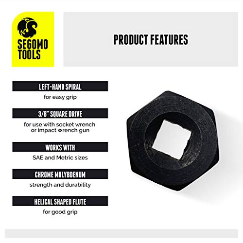 Segomo Tools 13 Piece Lug Nut and Bolt Extractor Removal Metric and SAE Socket Tool Set 8 - 19mm - Thumbnail 7