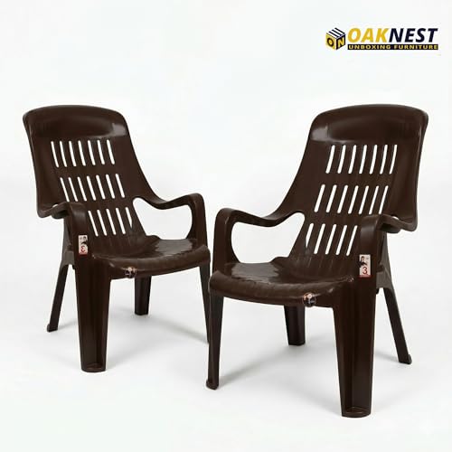 Image of Oaknest Unboxing Furniture Celloo Premium Plastic Relaxing Chair with Armrests | Ergonomic High-Back Lounge Seating for Home, Garden & Balcony (Brown), Count of 2