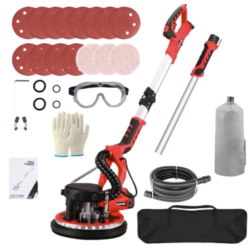 Drywall Sander - Popcorn Ceiling Removal Tool with Vacuum Dust Collector,Foldable,Variable Speed 800-1800RPM,Extendable Handle,LED Light,Sanding Discs,Red