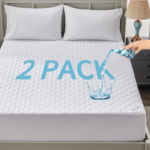 BEDLORE 2 Pack Waterproof Mattress Protector, King Size Mattress Pad with Deep Pocket Fitted Up to 6-18 inches, Soft Noiseless Single Bed Mattress Cover for Bedroom, Dorm Room (White) White 