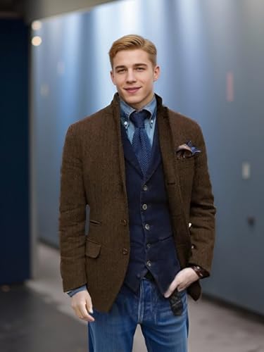 Men's Herringbone Jacket Single Breasted Tweed Blazer Suit Casual Fit Sport Coat3