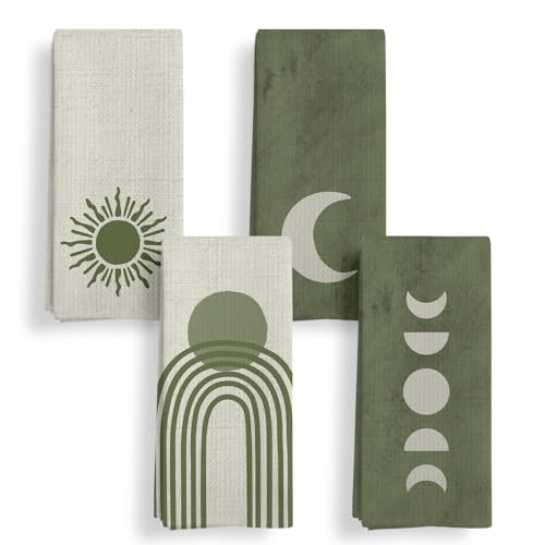 Qeheb Boho Green Sun Kitchen Towels Set of 4, Moon Sunset Sunshine Kitchen Towels Decorative, Boho Lover Gifts, Boho Bathroom Towels, Bohemian Olive Green Hand Dish Tea Towels for Kitchen 16X24In