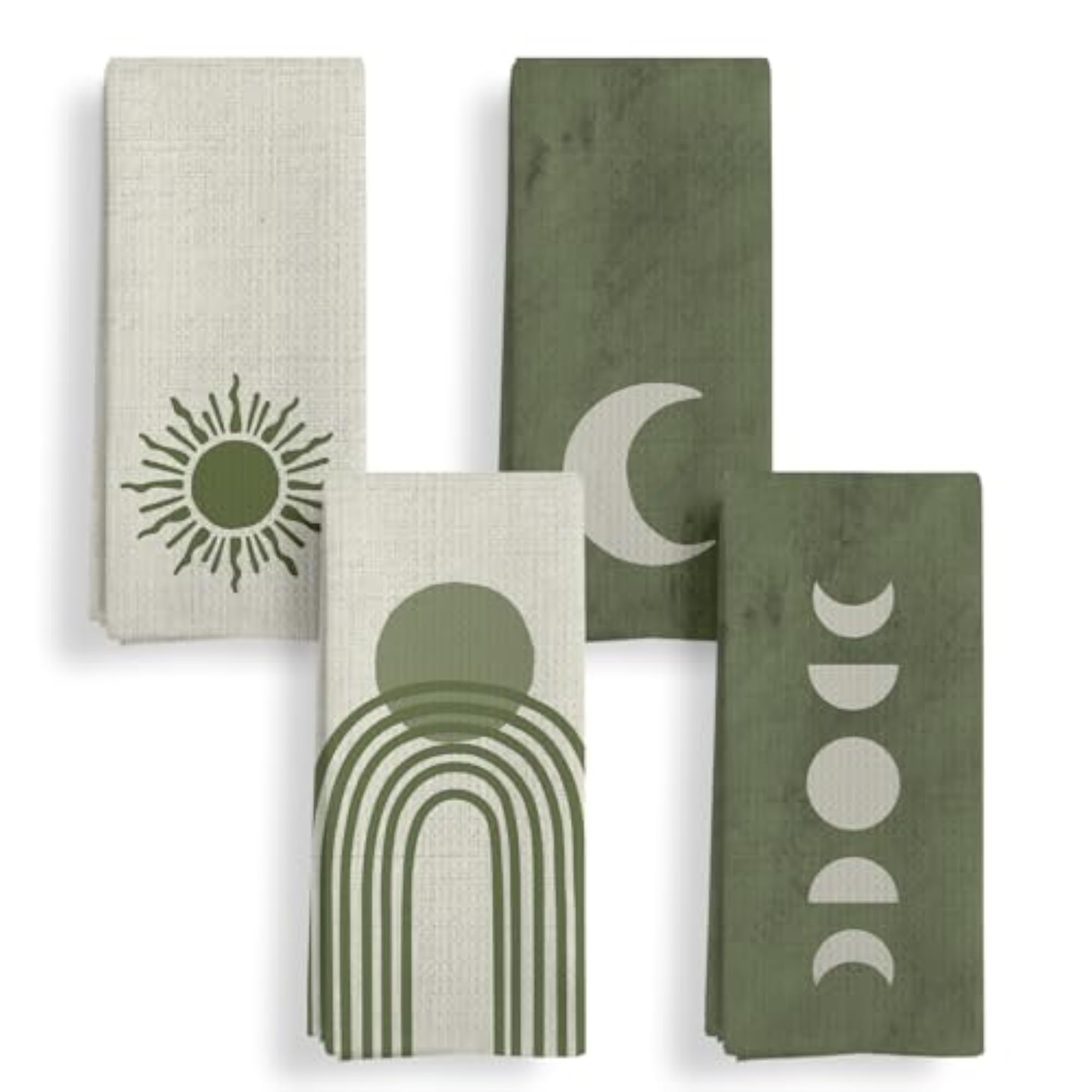 Boho Green Sun Kitchen Towels Set of 4, Decorative Gifts