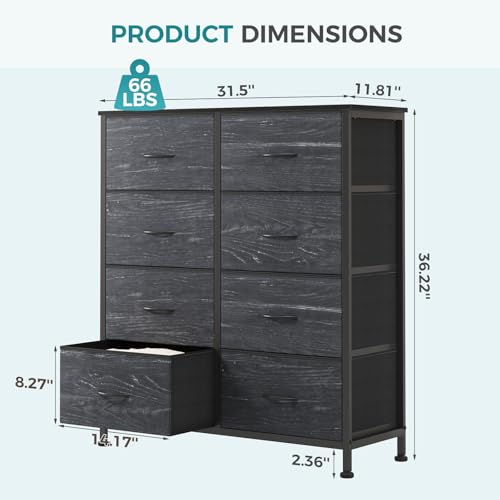 Image of OLIXIS 8 Drawer Dresser TV Stand, Entertainment Center, Media Console Table with Metal Frame and Wood Top,Chest of Drawers for Bedroom, Living Room, Black Wood Grain