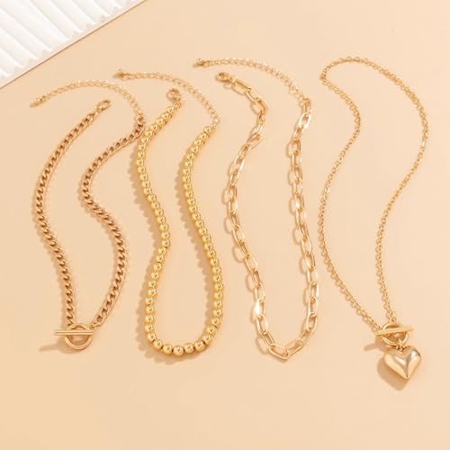 Women's Hip Hop Necklace Set - 4-Piece Chunky Chain Jewelry with Beaded Choker, T-Bar Toggle Clasp, Paperclip, Herringbone & Cuban Link Ropes for Edgy Style4