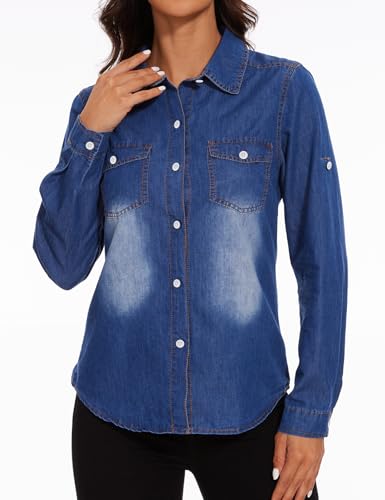 Women Jean Blouses Fall Top Long Sleeve Shirts Casual Denim Blouse Plus Size4