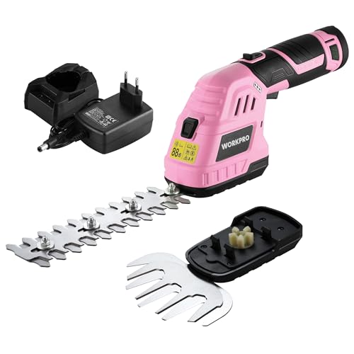 WORKPRO 12V Tijera Cortacésped y Arreglasetos 2 en 1, Cortasetos Eléctrico para Césped y Arbustos con 2 Cuchillas, Batería y Cargador, Tijeras Arreglaseto Ancho de Corte 12,5 cm Jardinería, Rosa