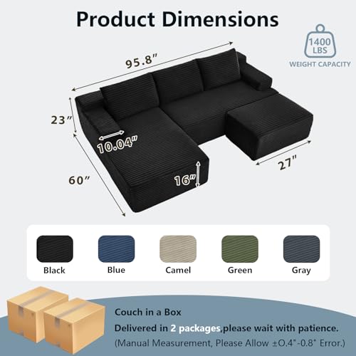 Image of 96 inch Boneless Cloud Couch Sectional Couches Sofa for Living Room | Modular U-Shaped Couch, Comfy Modern Corduroy Memory Foam Sofas with Ottoman, Oversized Chaise (Black, Left-Facing Chaise)