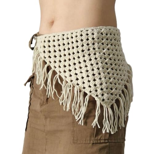 Women's Knit Hip Scarf Boho Crochet Tribal Triangle Tassel Hip Scarves Skirt Bellydance Skirt Trendy Costume Beige