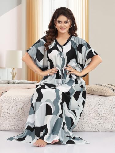 Image of Kaftan Printed Cotton Maxi Dress /Nighty /Nightdress for Ladies /Girls /Women | Free Size