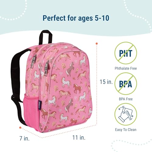 Image of Wildkin 15 Inch Backpack for Kids, Wild Horses | Ages 5-10, padded straps, side water bottle pocket - coordinates with matching Wildkin lunch boxes