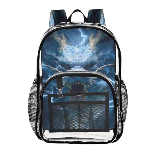 Dragon Blue Magic Clear Backpack Heavy Duty See Through Transparent PVC BookBag for Kids Boy Girl School Work