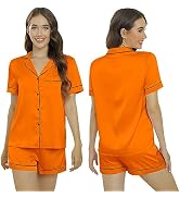 SWOMOG Women's Silk Satin Pajama Set - Short Sleeve Button-Down Top & Shorts Loungewear, Vivid Tangerine (XS-3XL)