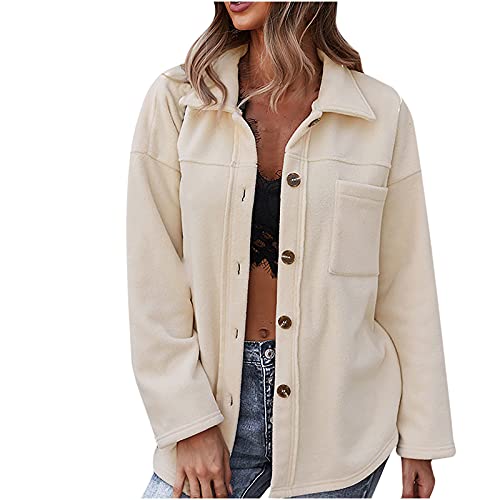 Bobono Womens Fall Jacket Coat Trendy Casual Long Sleeve Solid Color Pockets Button Down Fleece Cardigan Coat Outerwear Beige #TOP2