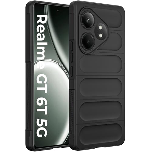 Image of A rtistque Back Cover Case for Realme GT 6T 5G / GT 6 | with Inner Fabric | Stylish AirBag Case | Liquid Stripe Silicone | Camera Protection | Anti Slip Grip | Back Cover - Black