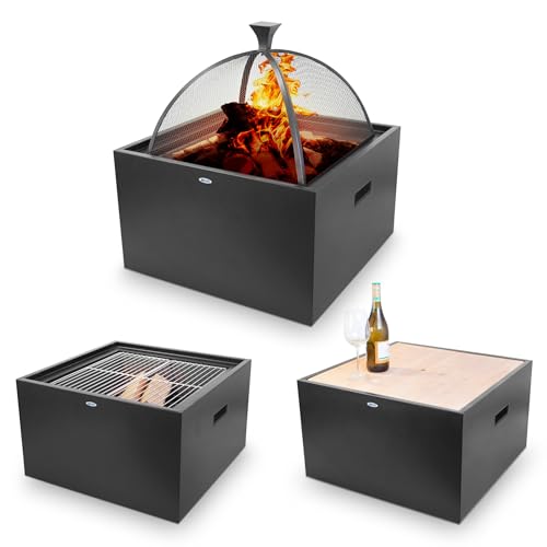 HEAT Outdoor Living Brasero 3 en 1 Negro - Cesta de Fuego para el jardín - Barril y Hoguera - Brasero de Metal Macizo para veladas relajantes - Negro (61 x 61 x 67 cm)