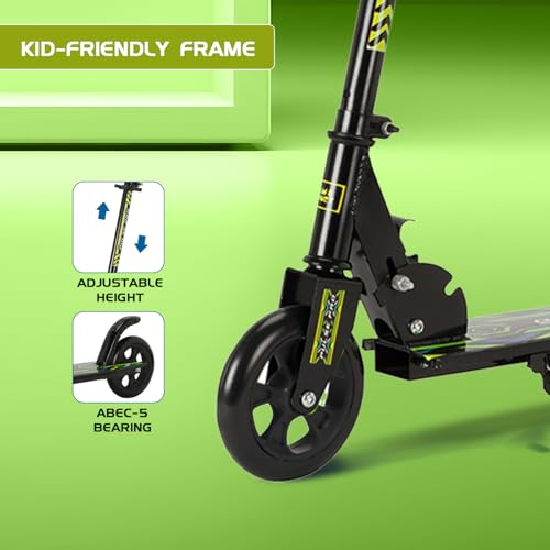Image of Amazon Brand - Jam & Honey Kick Scooter | Foldable 2-Wheel Design with Rear Brake | 3-Height Adjustable Handlebar | BIS Certified | 50 kg Max Load | Neon Green | Ages 6-13 Years