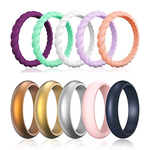 Silicone Wedding Ring for Women,10-Packs Thin and Stackable Braided Rubber Wedding Bands, Affordable, Fashion, Comfortable fit (10 Colors Sets, 6.5-7(17.3mm))