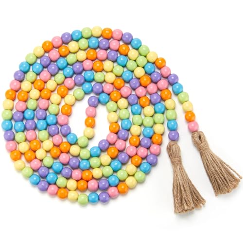 Image of Equsion Wooden Bead Garland with Tassels, Extra Long Fireplace Wood Bead Garlands Rustic Farmhouse Vintage Boho Beads Garland for Party Home Decor Tiered Tray Decorative Beads(Ice Cream Color)