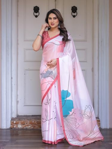Image of ALMAARI FASHION Women's Floral Printed Georgette Satin Saree with Unstitched Blouse Piece | Traditional Ethnic Wear Sarees | Soft Lightweight Ethnic Office Wear Daily Wear Indian Sari (SG 181-190 F)