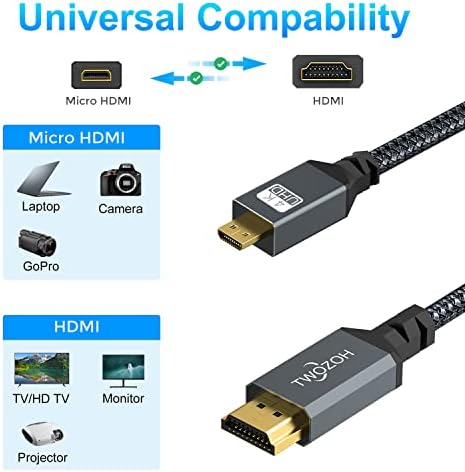 Twozoh 4K Micro HDMI to HDMI Cable 10FT, High-Speed Full HDMI to Micro HDMI Braided Cord Support 3D 4K/60Hz 1080p