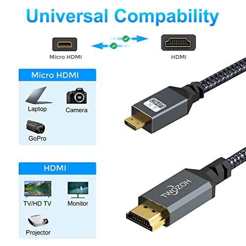 Twozoh 4K Micro Hdmi To Hdmi Cable 1Ft, Short High-Speed Full Hdmi To Micro Hdmi Braided Cord Support 3D 4K/60Hz 1080P #TOP5