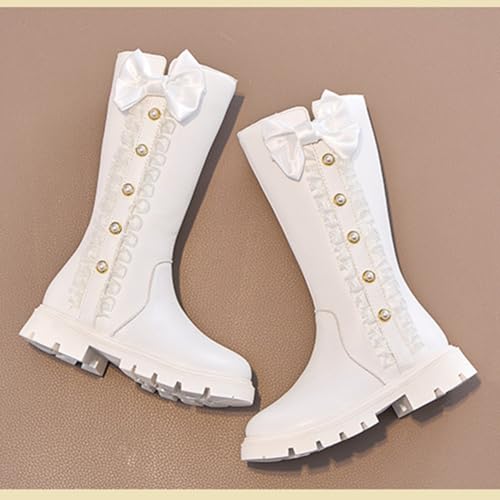 Girls Winter Mid Calf Side Zipper Leather Boots Pearl Bowknot Princess Boots4