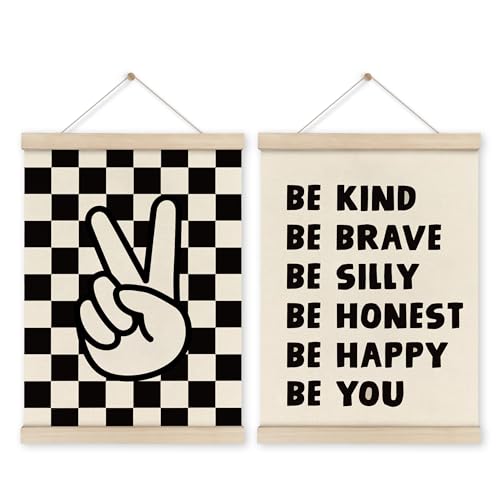 Image of HRQKO Boys Room Wall Decor Poster Hanger Frame Set of 2, Positive Affirmations Decor with Wooden Frames, Black Checked Peace Sign Banner Wall Hanging Decor for Boy Nursery Kids Playroom, 12x16 Inch