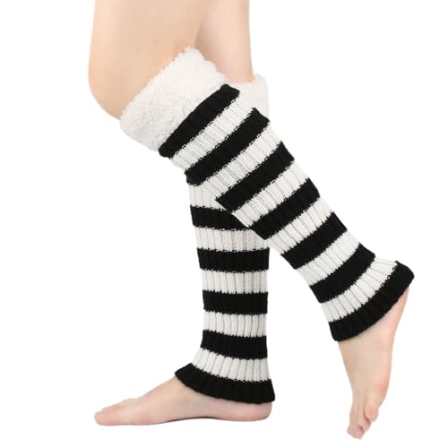 Image of Striped Leg Warmers for Women Girl 80s Ribbed Leg Warmer Fall Winter Fleece Trim Ribbed Knitted Socks Streetwear (Striped Black, One Size)